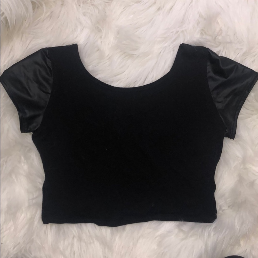 Crop tee with pleather sleeves